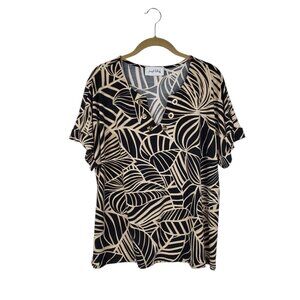 Joseph Ribkoff Grommet Top Lively Palm Print Black Gold Short Sleeve Size Large